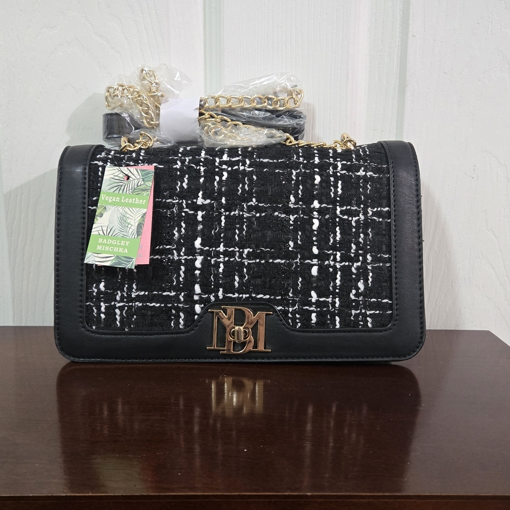 Badgley Mischka Black and White Tweed Crossbody Bag with Gold Accents
